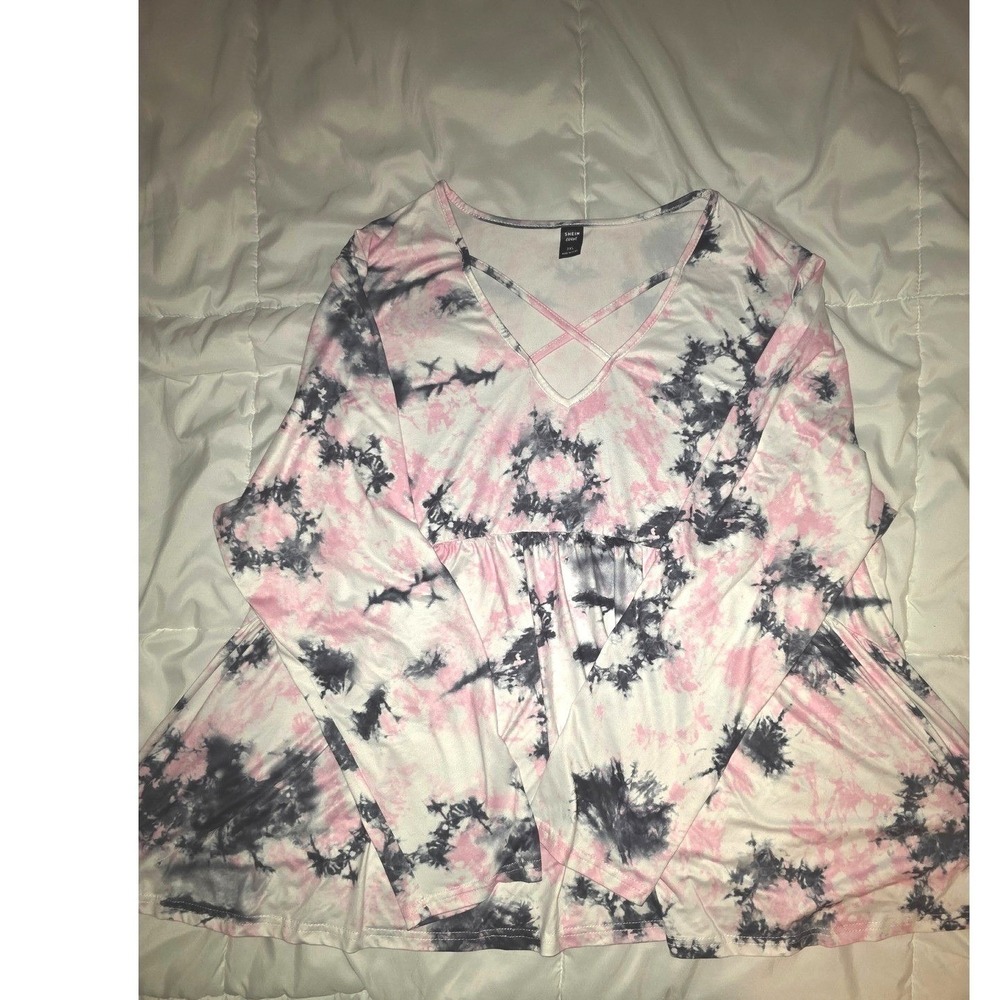Shein Curve Pink Black Tie Dye Crisscross V-Neck Peplum Top Plus Size 3XL Womens